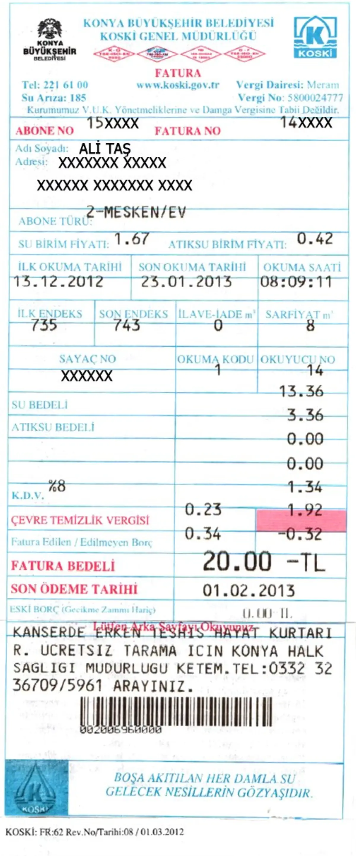 Su Faturalarında Kanserde Erken Teşhis Uyarısı