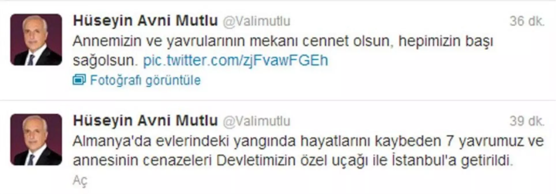 Vali Mutlu, Twıtter Üzerinden Başsağlığı Diledi