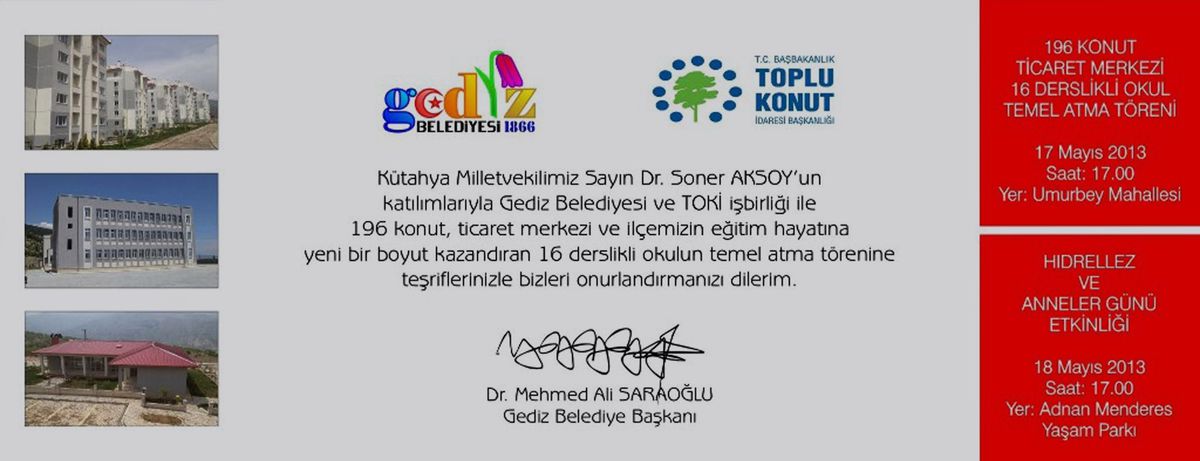 Gediz'de Üçüncü Etap TOKİ Konutlarının Temeli 17 Mayıs Cuma Günü Atılacak