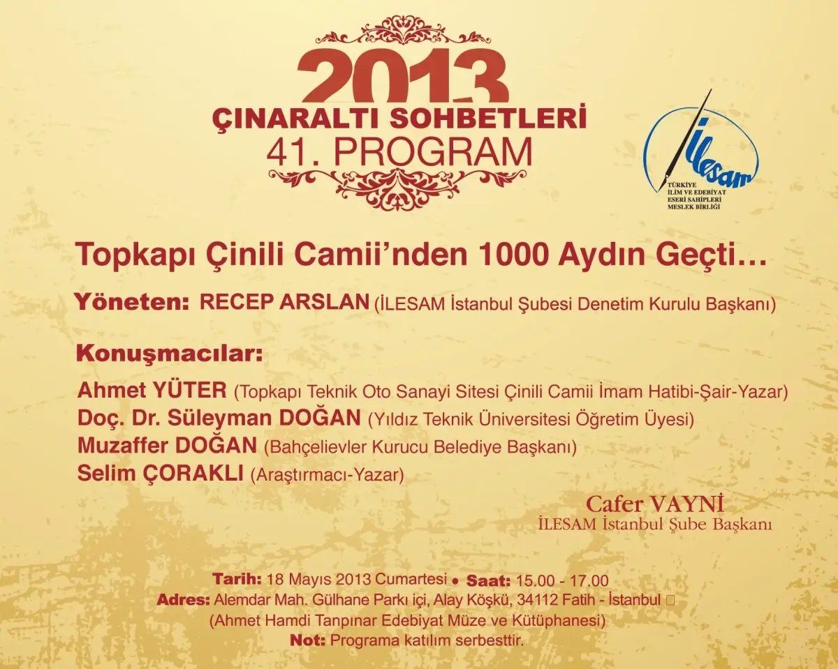 Çınaraltı Kültür Sohbetleri 41.si Yapılacak