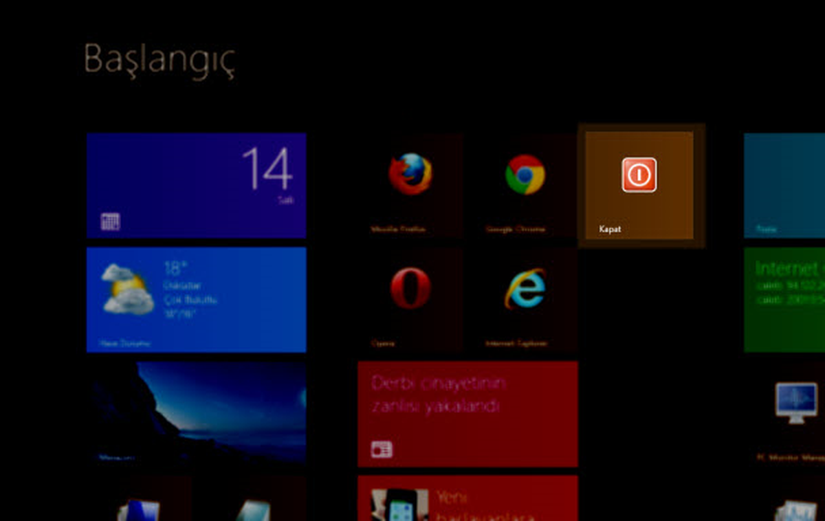 Windows 8\'i tek tıkla kapatın