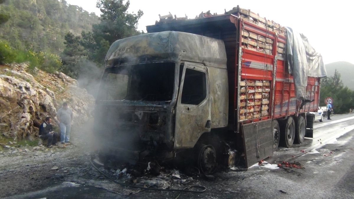 Fethiye de Domates Yüklü Kamyonda Çıkan Yangın Korkuttu