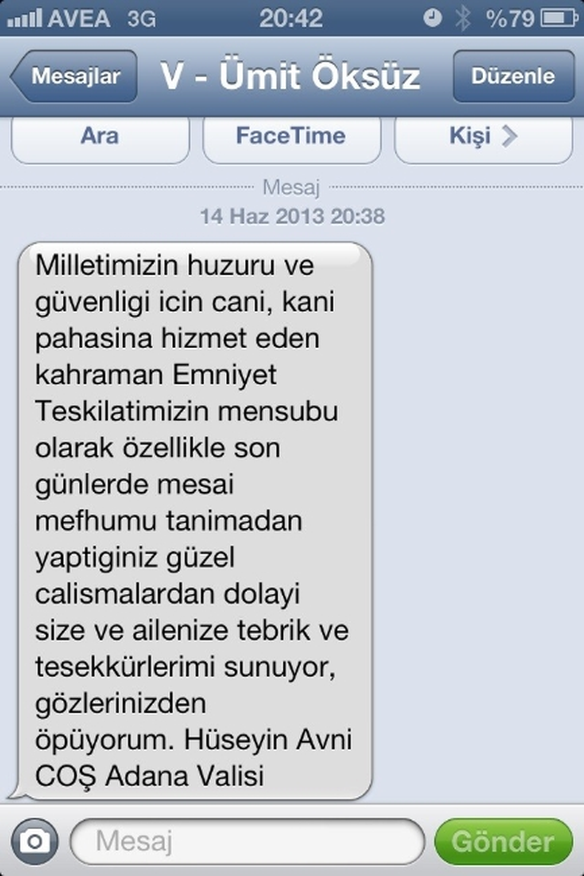 Vali Coş\'tan Polise Gezi Sms\'i