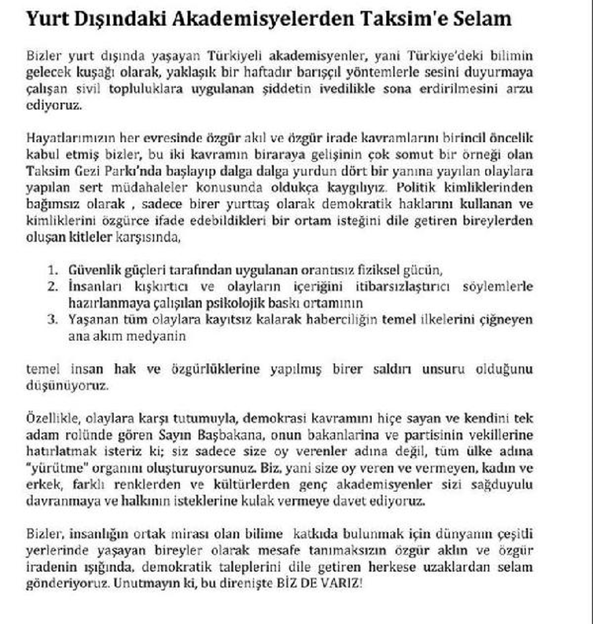 Yurt Dışındaki Akademisyenlerden Gezi Parkı\'na Destek