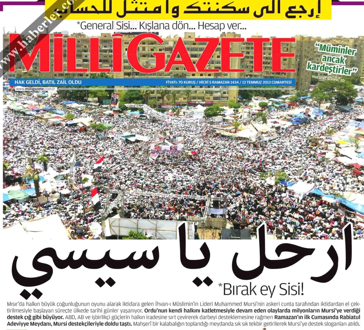 Milli Gazete Mısır Darbecilerine Arapça Manşetle Seslendi