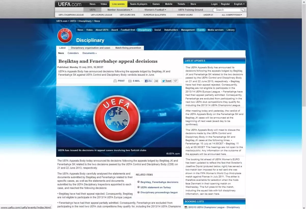 UEFA Tahkim Kurulu\'nun Kararları