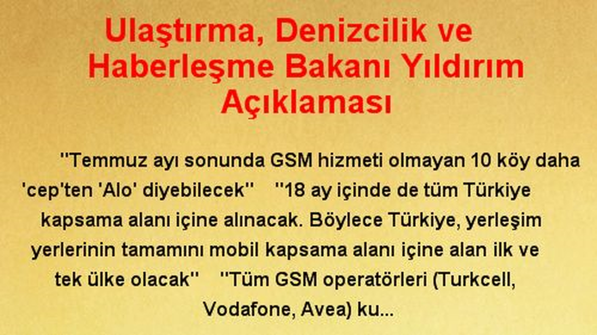 Ulaştırma, Denizcilik ve Haberleşme Bakanı Yıldırım Açıklaması