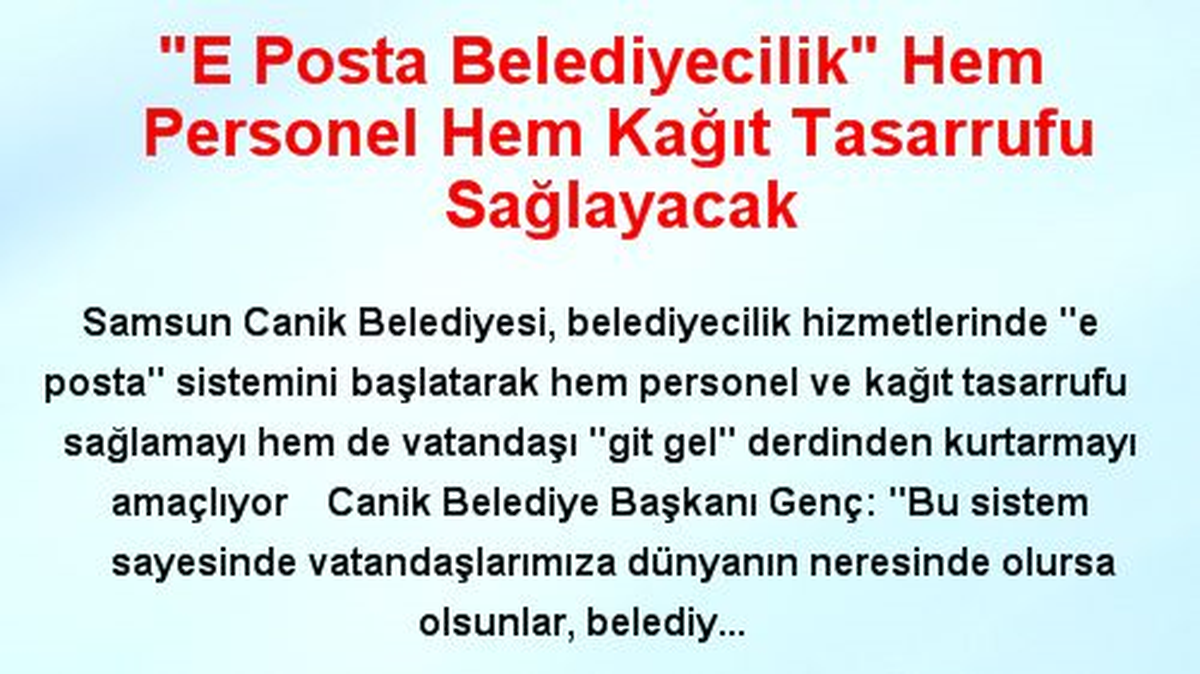 "E Posta Belediyecilik" Hem Personel Hem Kağıt Tasarrufu Sağlayacak