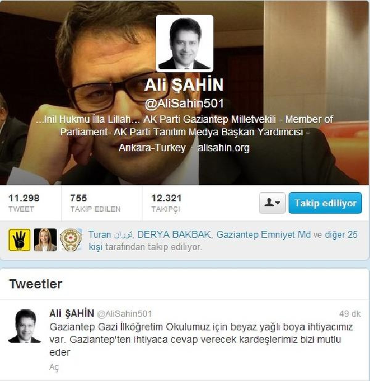 AK Parti\'li Şahin Twıtter\'dan Yağlı Boya İstedi