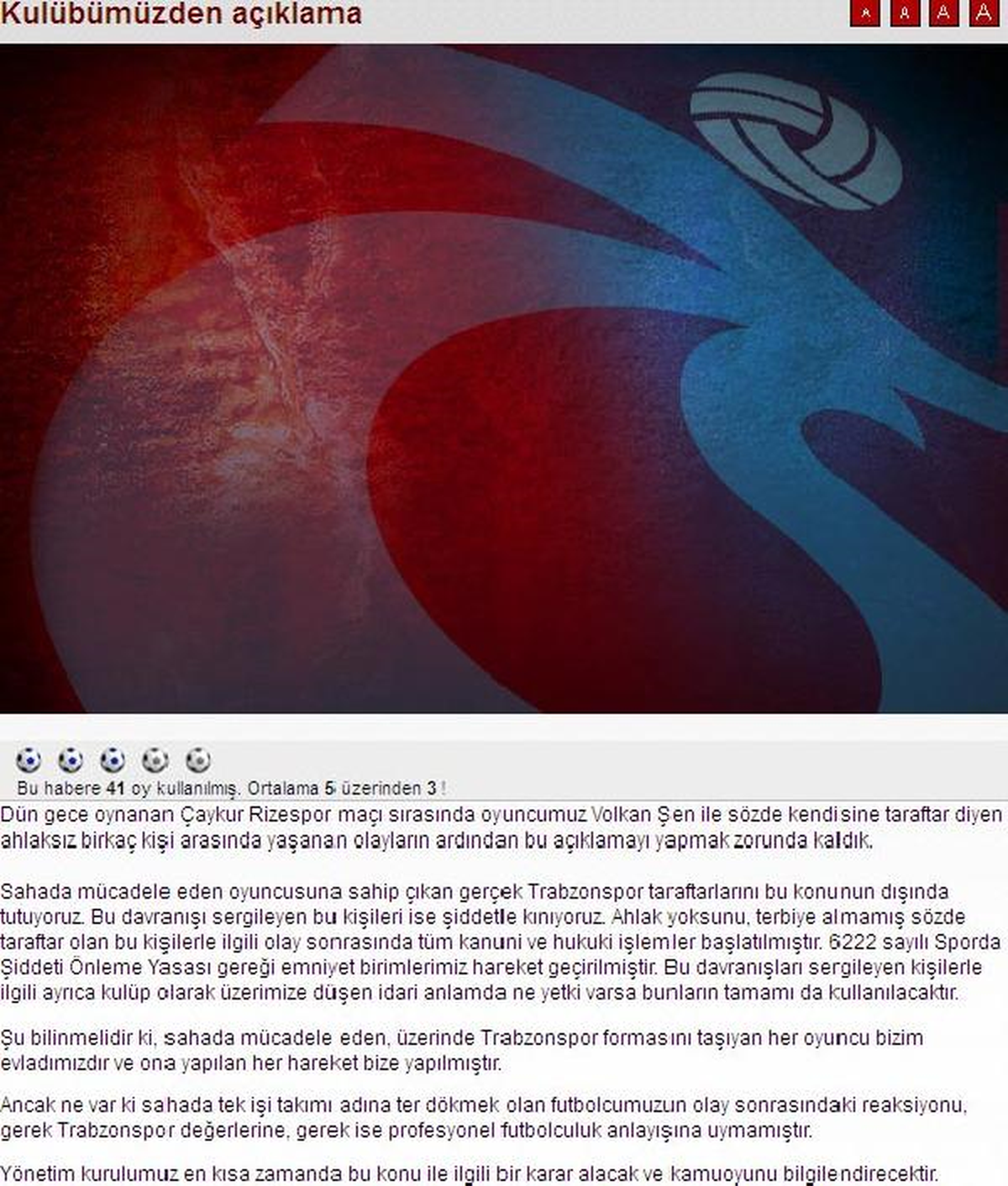 Trabzonspor\'dan Volkan Şen ve Taraftar Açıklaması