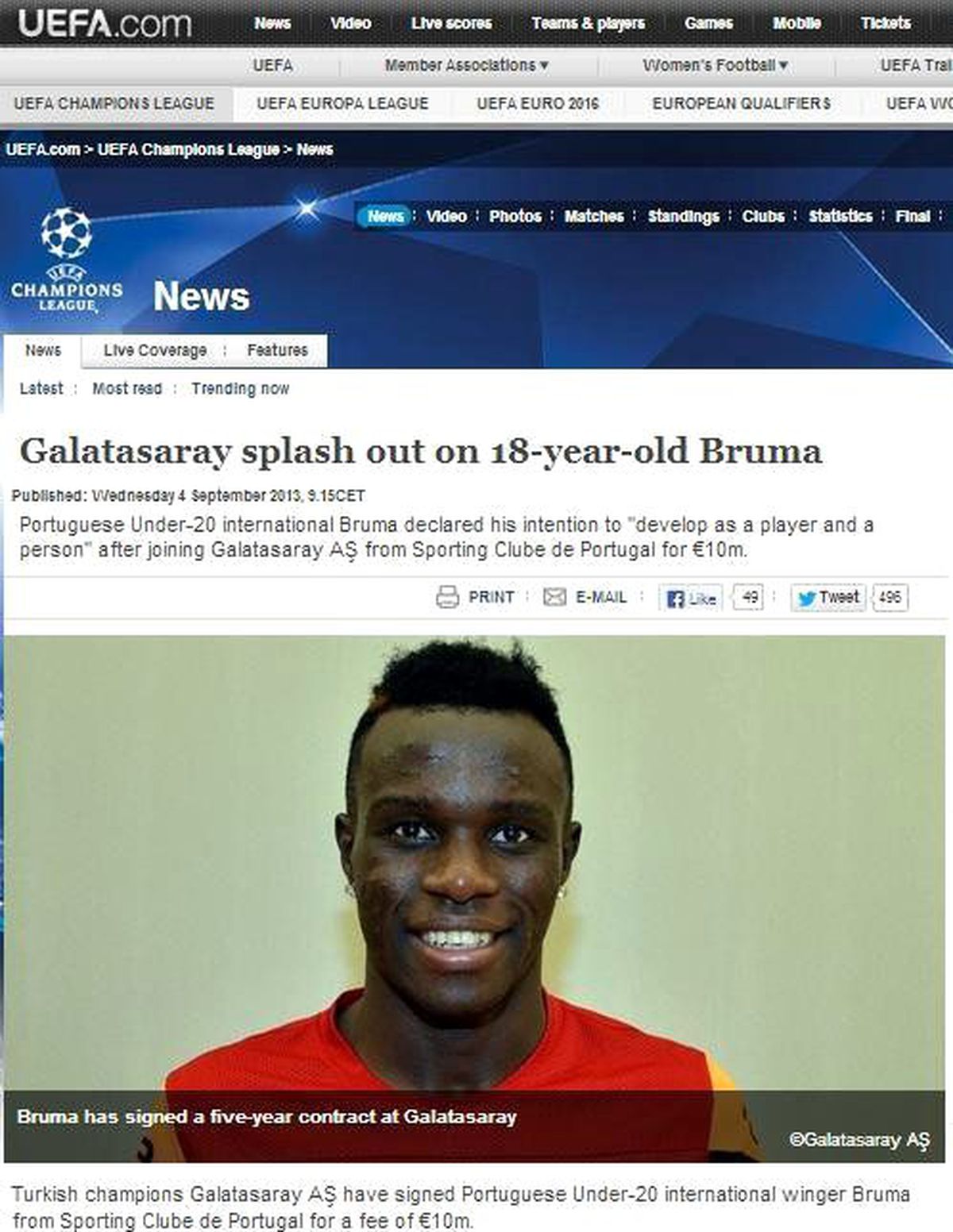 Bruma, UEFA\'nın Manşetinde