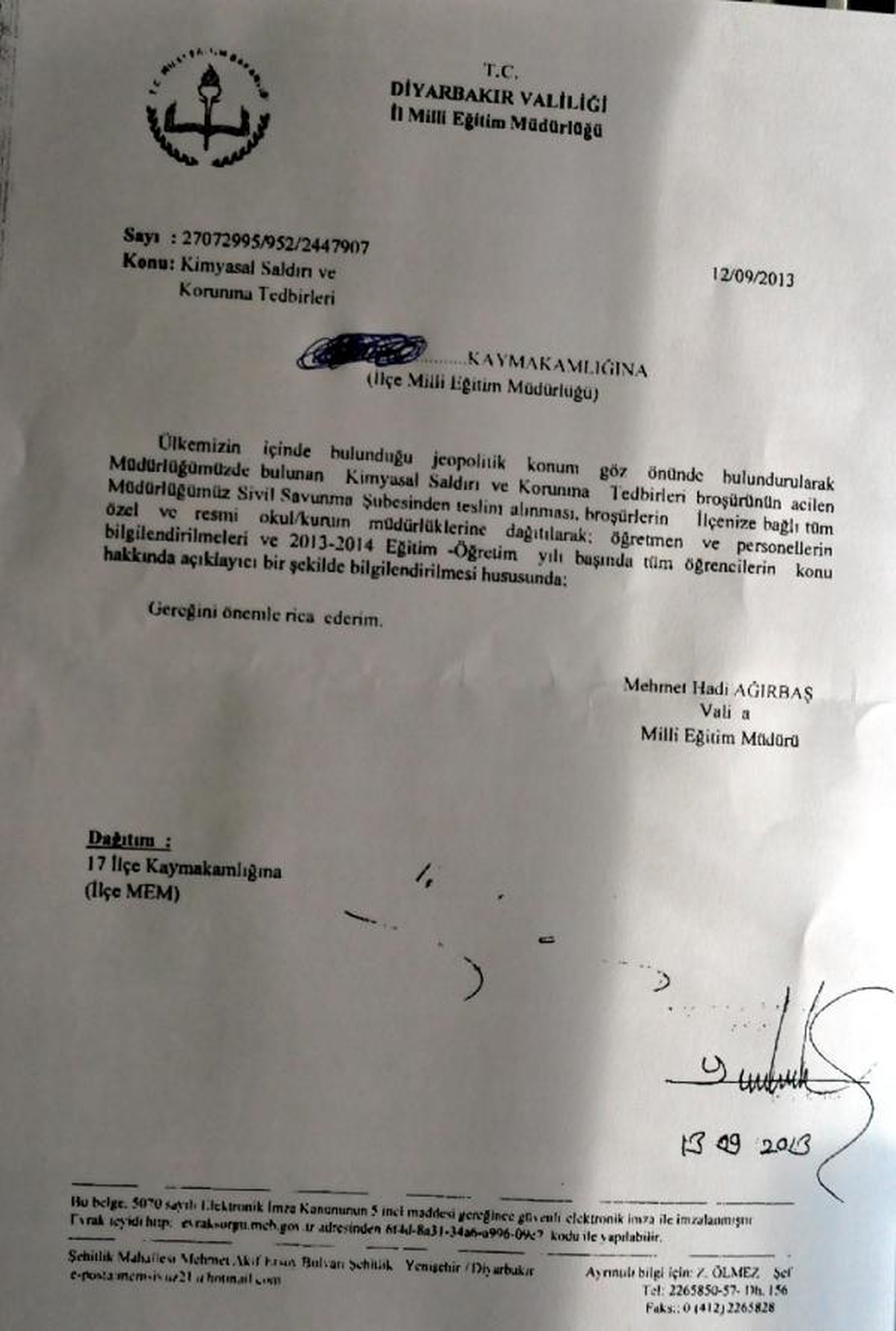 Başbakanlık, Okulları Kimyasal Saldırıya Karşı Uyardı