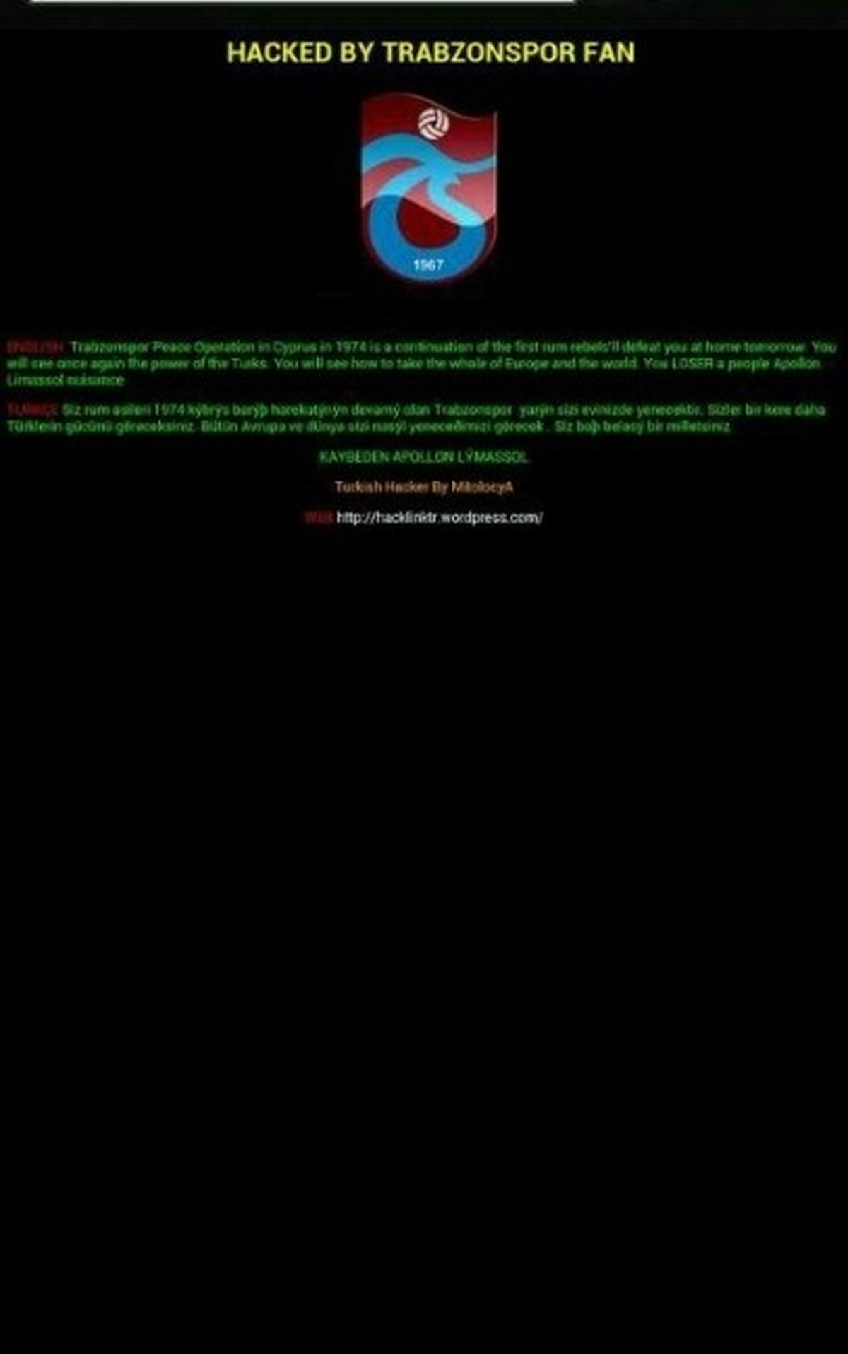 Trabzonspor Taraftarları Apollon'un Sitesini Hacklediler