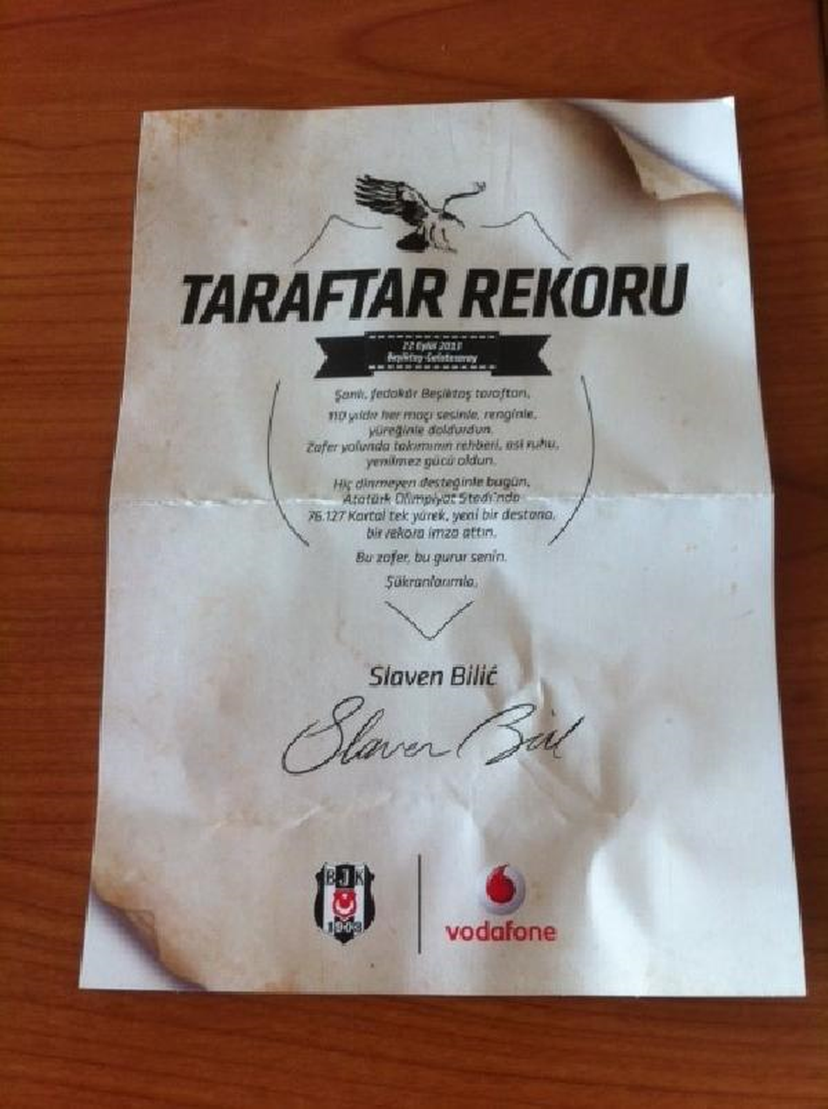 Bılıc\'ten Beşiktaş Taraftarına Teşekkür Mektubu