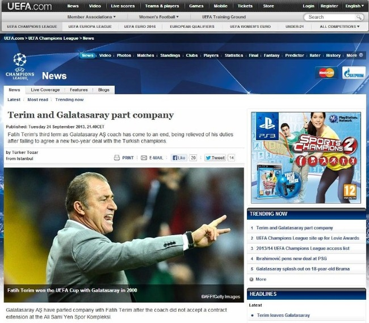 Galatasaray ile Fatih Terim\'in Ayrılığı UEFA Manşetlerinde