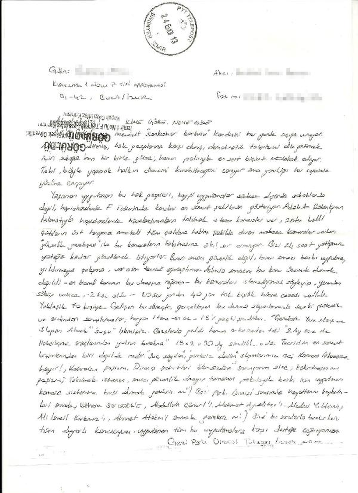 Gezi Parkı Tutuklusundan Havalandırmadaki Kameraya Mektuplu İsyan