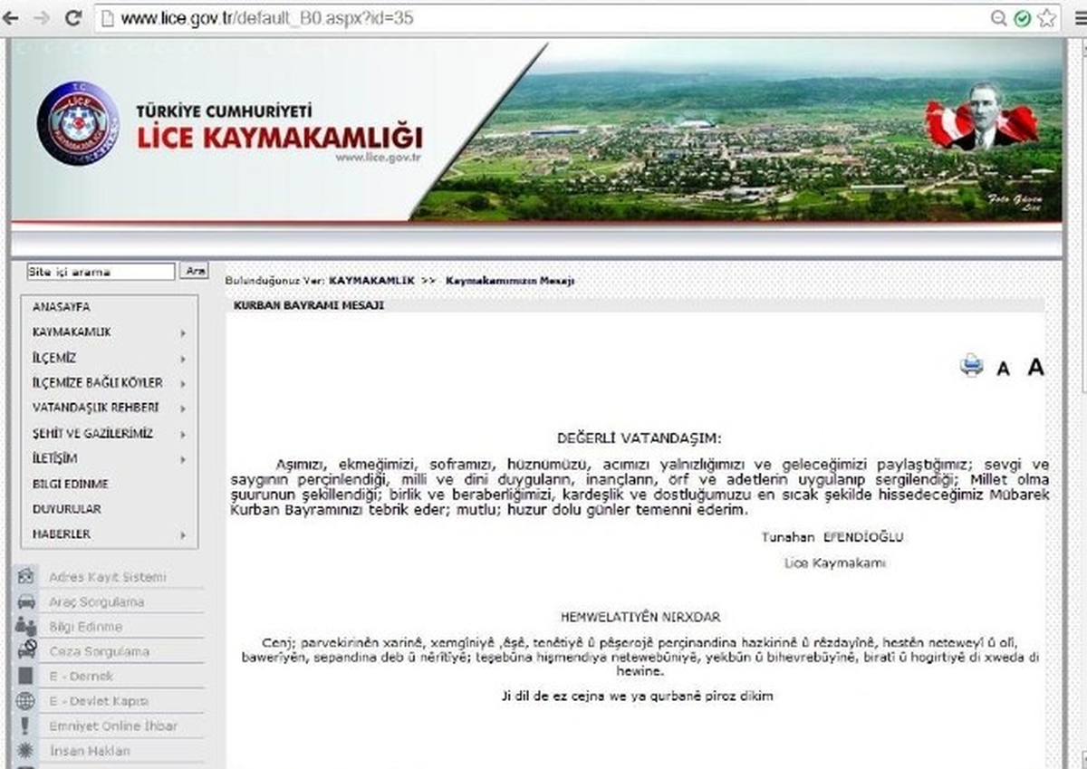 Lice Kaymakamlığı Sitesinde Kürtçe Bayram Mesajı