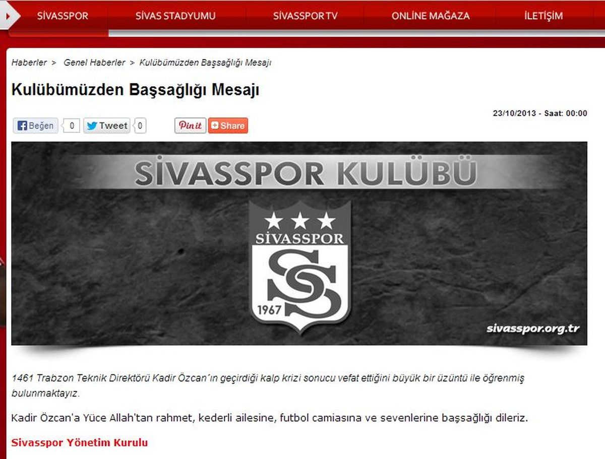 Sivasspor\'dan Başsağlığı Mesajı