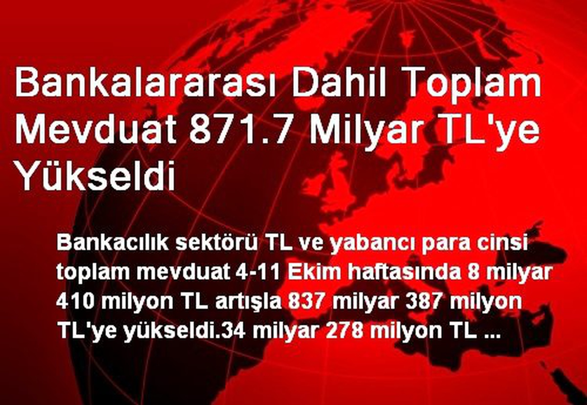 Bankalararası Dahil Toplam Mevduat 871.7 Milyar TL\'ye Yükseldi