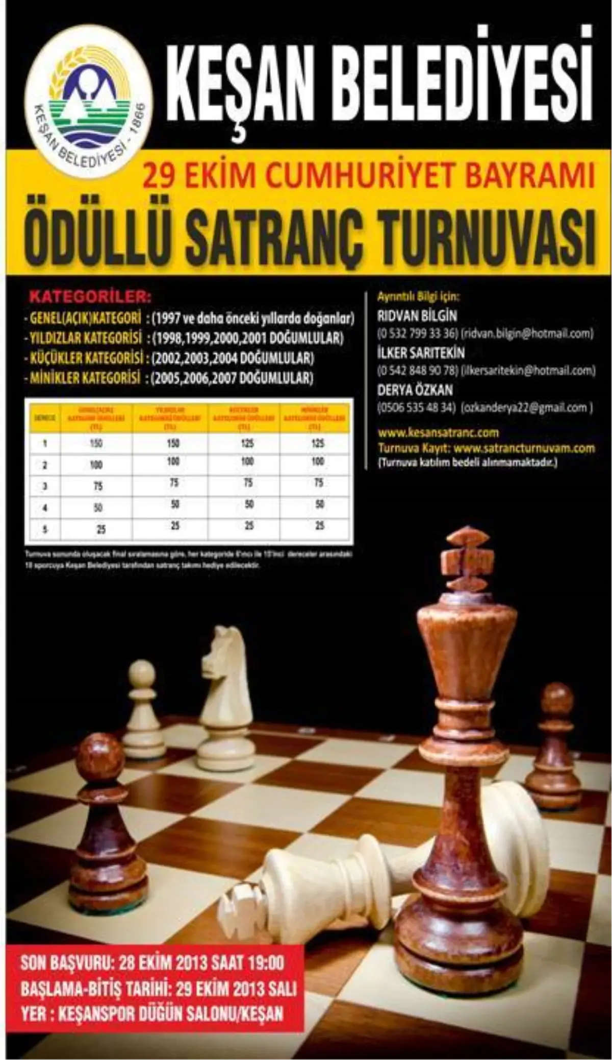 29 Ekim Satranç Turnuvasında Başvurular Sürüyor