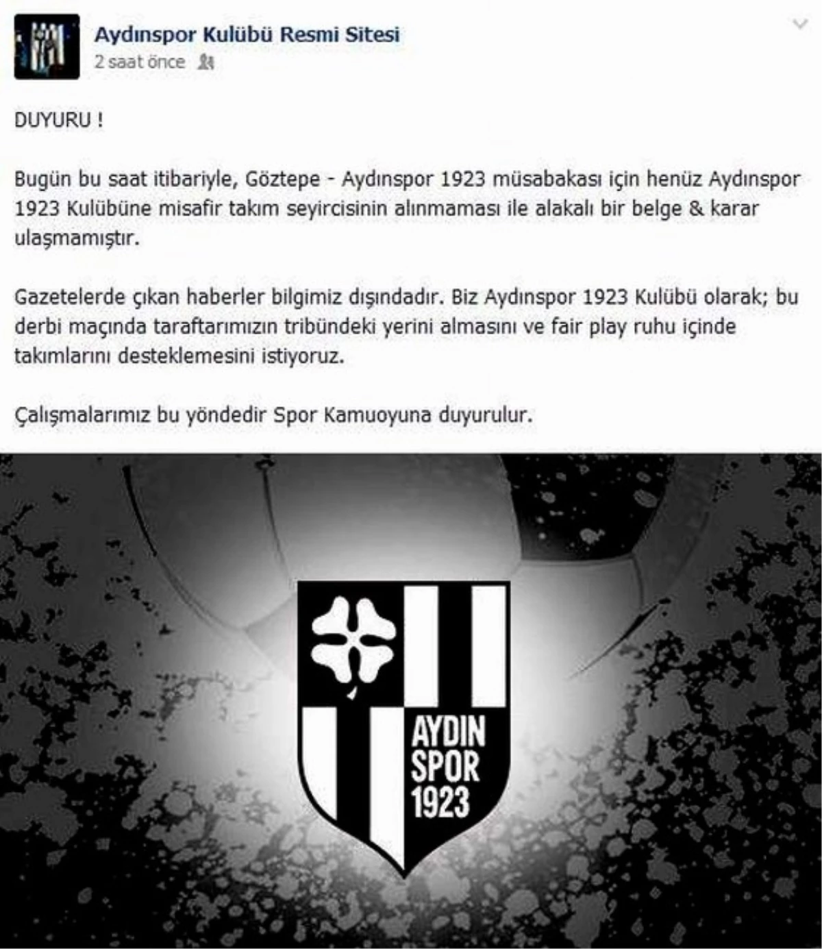 Aydınspor 1923 Yönetimi Taraftar Desteği İstiyor