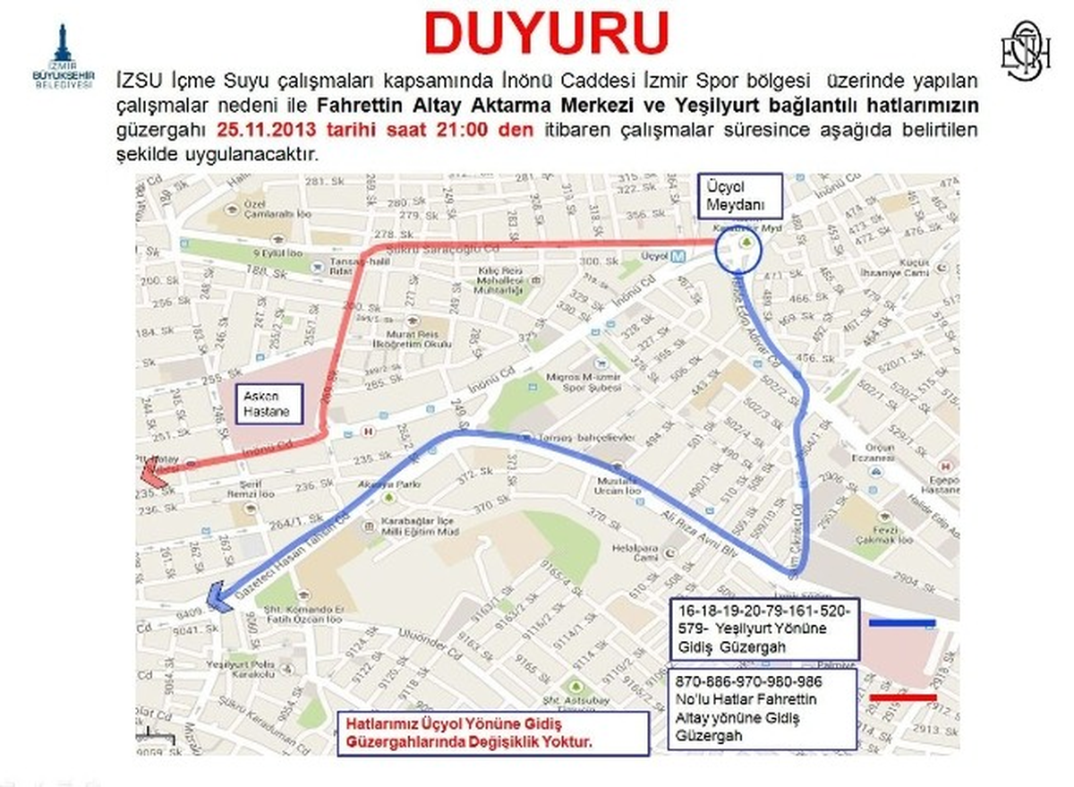 İnönü Caddesi\'nde 1 Günlük Zorunlu Güzergah Değişikliği