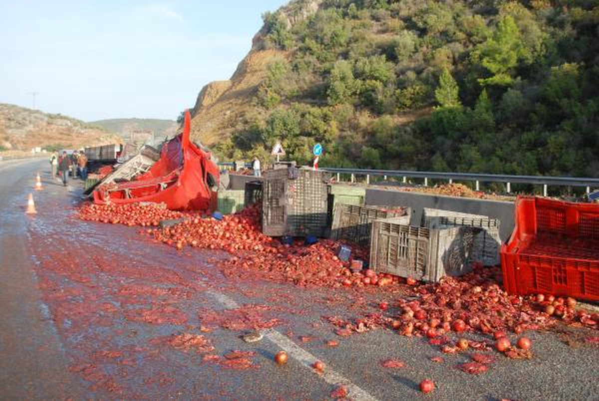 Nar Yüklü Tır Devrildi, Karayolu Kırmızıya Boyandı