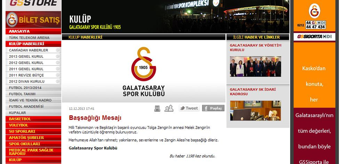 Galatasaray\'dan Başsağlığı Mesajı
