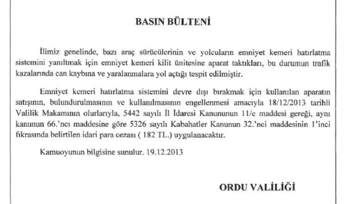 Ordu Valiliği\'nden Emniyet Kemeri Tokasına Yasak