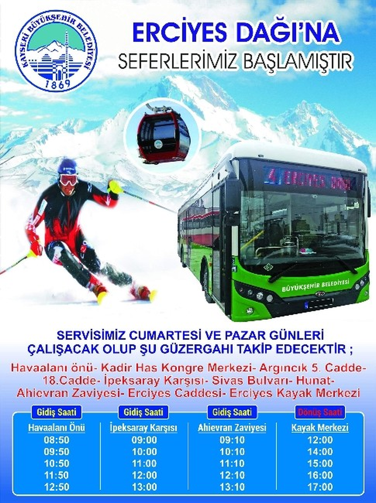 Erciyes\'e Otobüs Seferleri Başlıyor