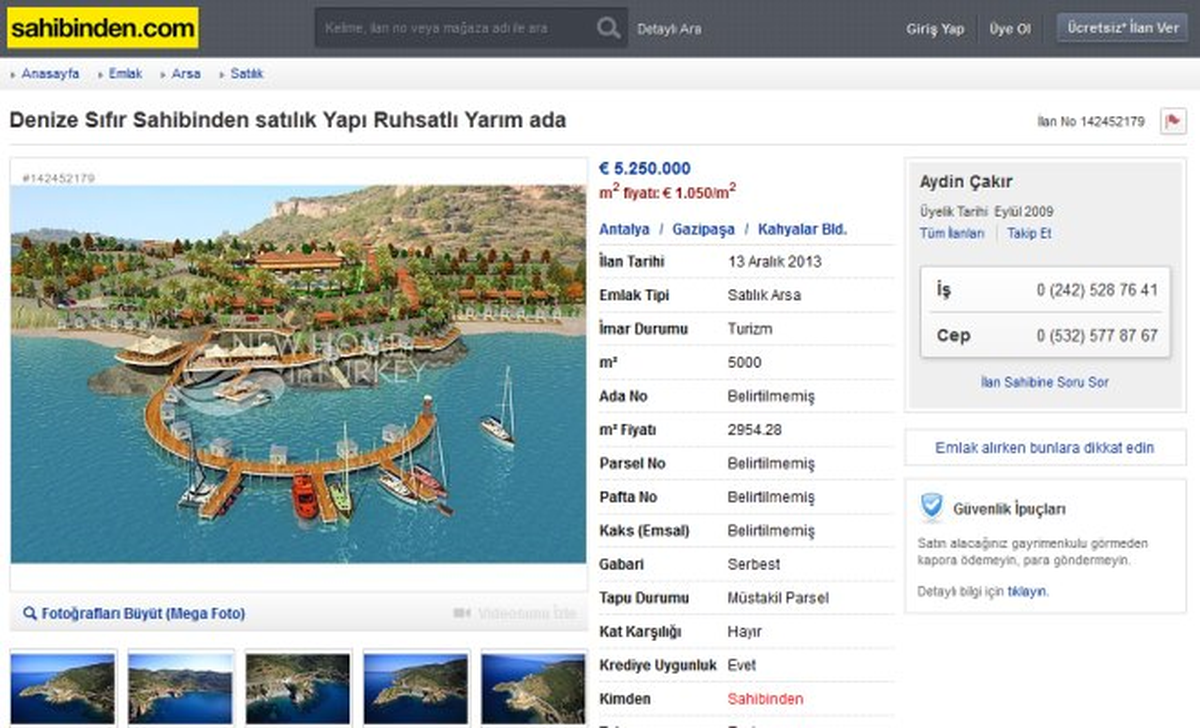 Sahibinden.com\'da 5 Milyon 250 Bin Euro\'ya Satılık Yarımada
