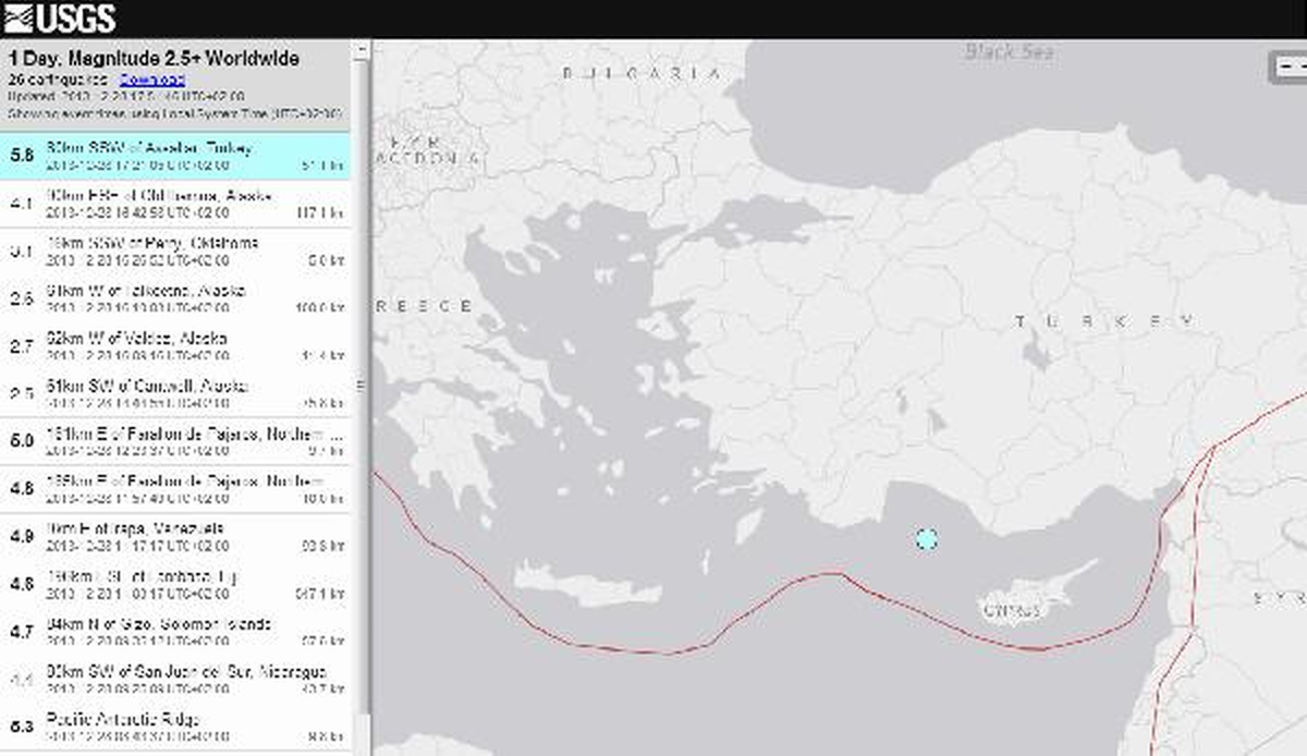 Amerikan Jeolojik Araştırma Merkezi Antalya Depreminin Büyüklüğünü 5.8 Olarak Duyurdu