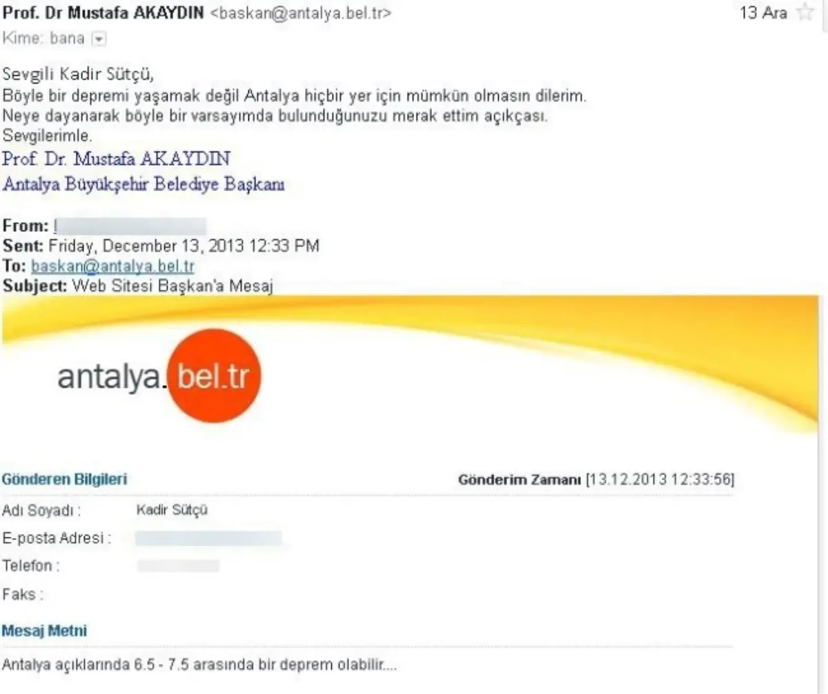 Antalya Depremini Mail Atarak Yetkililere Bildirdi