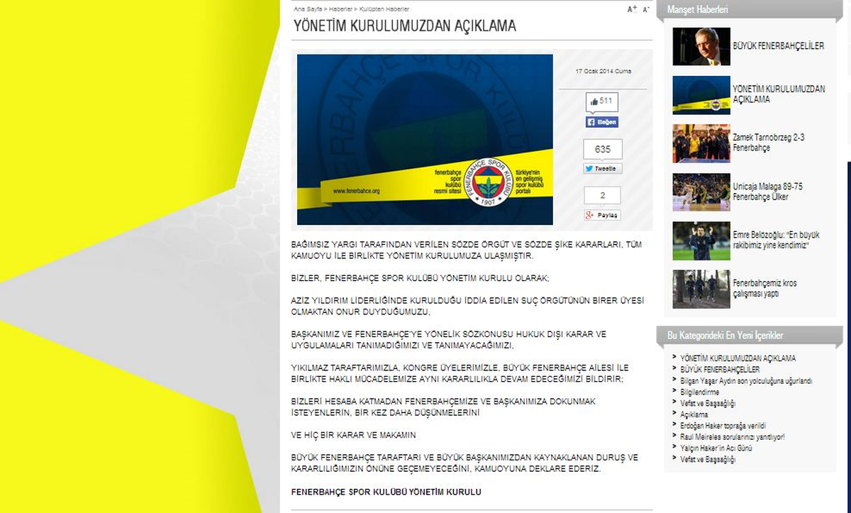 Fenerbahçe: Suç Örgütünün Birer Üyesi Olmaktan Onur Duyarız