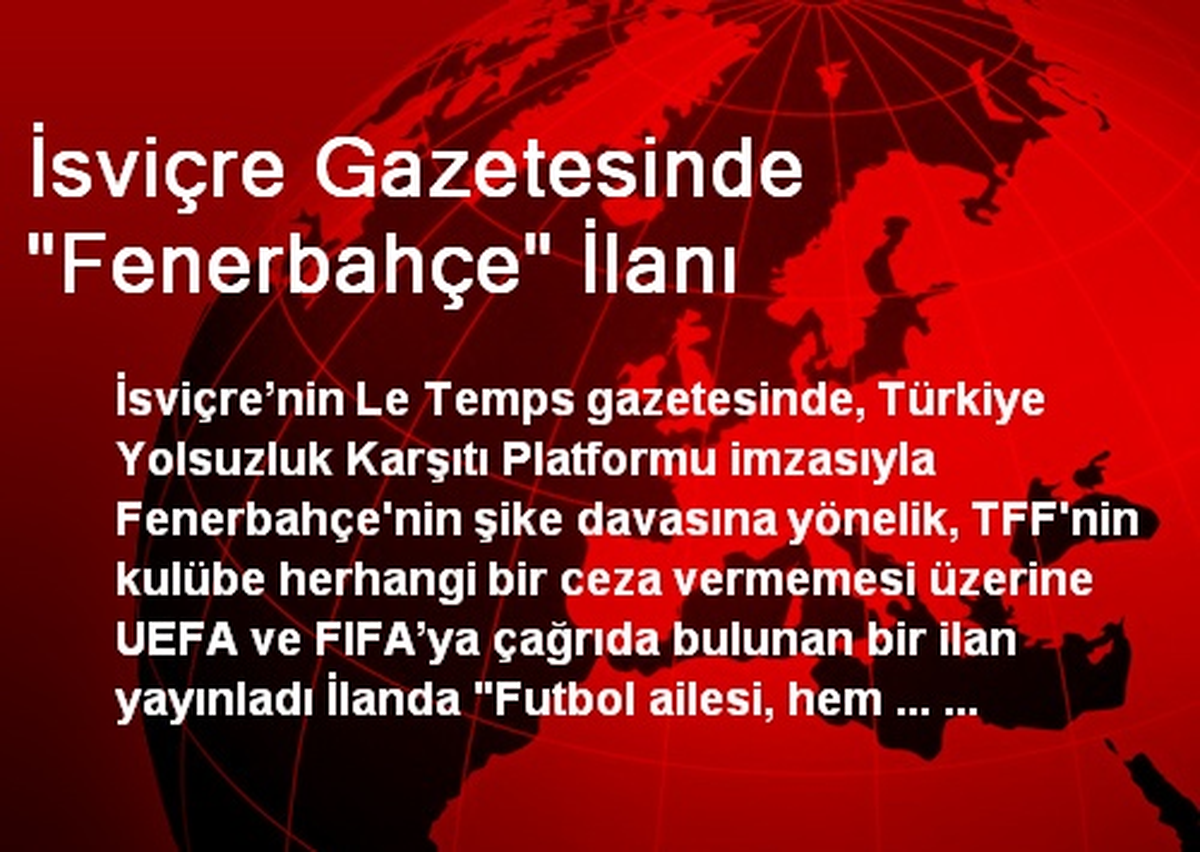 İsviçre Gazetesinde "Fenerbahçe" İlanı
