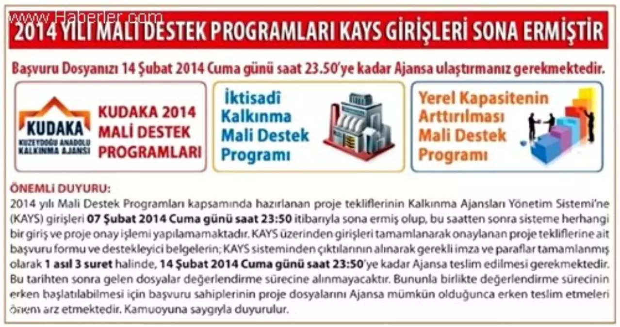 2014 Yılı Mali Destek Programları Kays Girişleri Sona Erdi