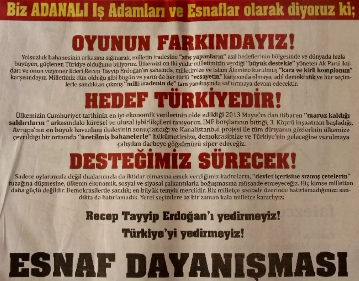 Adanalı Esnaftan Başbakana Destek