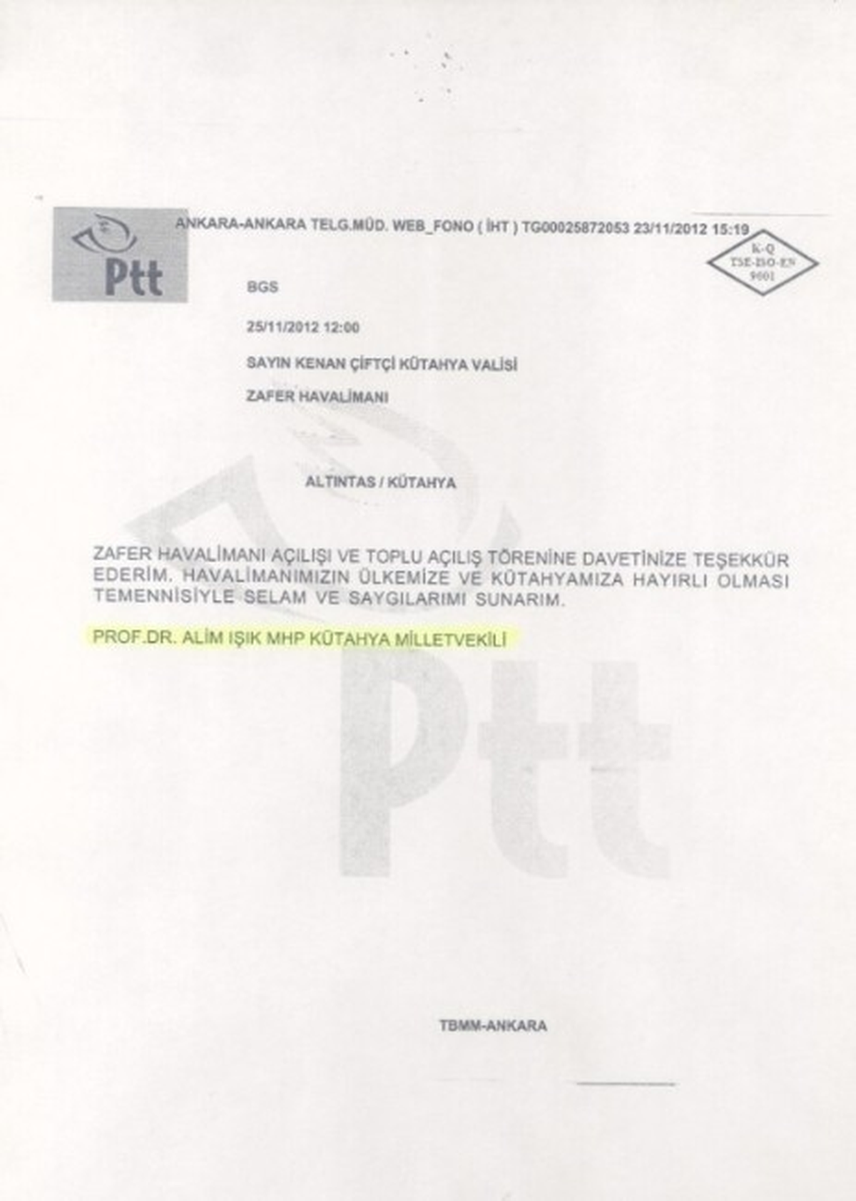 MHP\'li Alim Işık, Zafer Havalimanı İçin \'Hayırlı Olsun\' Telgrafı Göndermiş