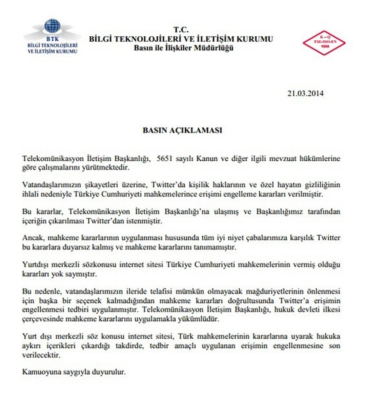 Twıtter Yasağının Gerekçesi Açıklandı
