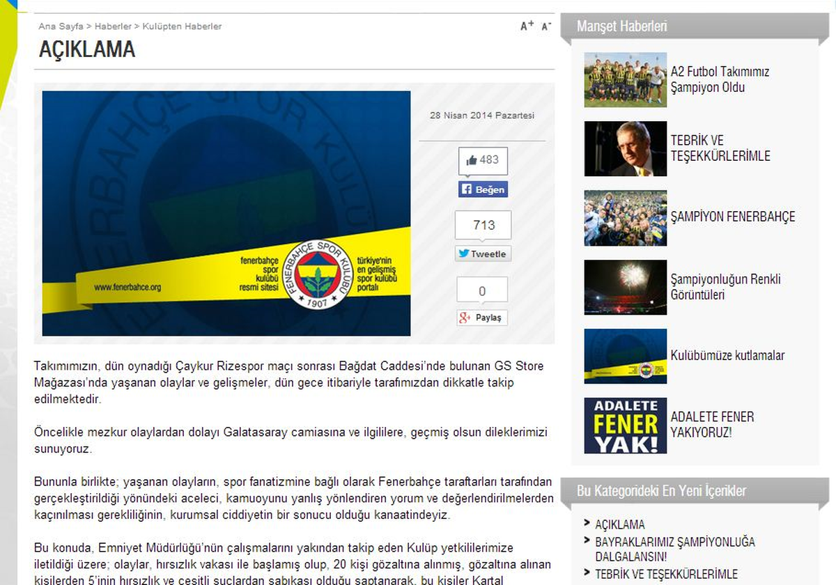 Fenerbahçe\'den Galatasaray Açıklaması