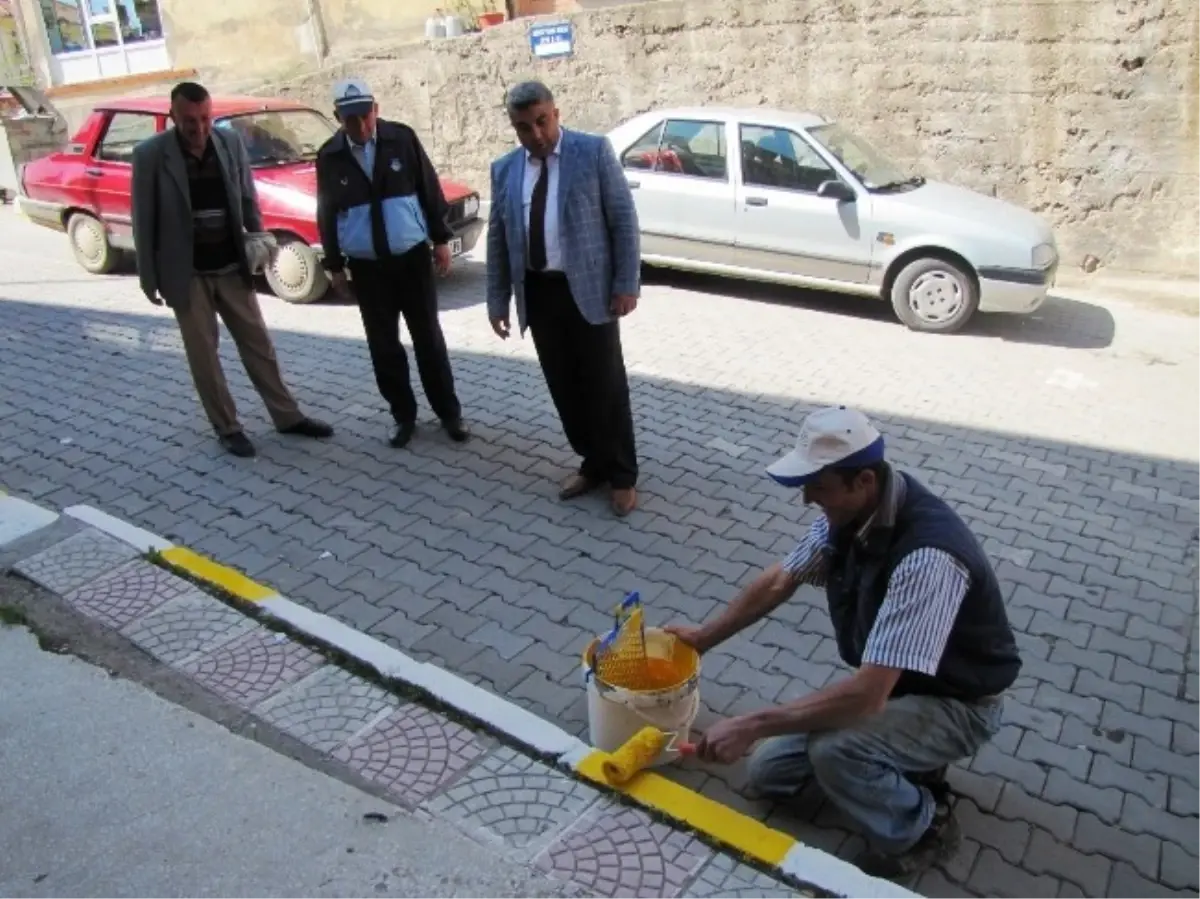 Hisarcık\'ta Bordür Taşları Boyanıyor