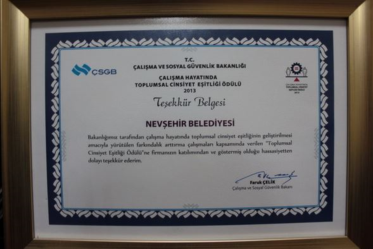 Çalışma ve Sosyal Güvenlik Bakanlığı\'ndan Nevşehir Belediyesi\'ne Ödül