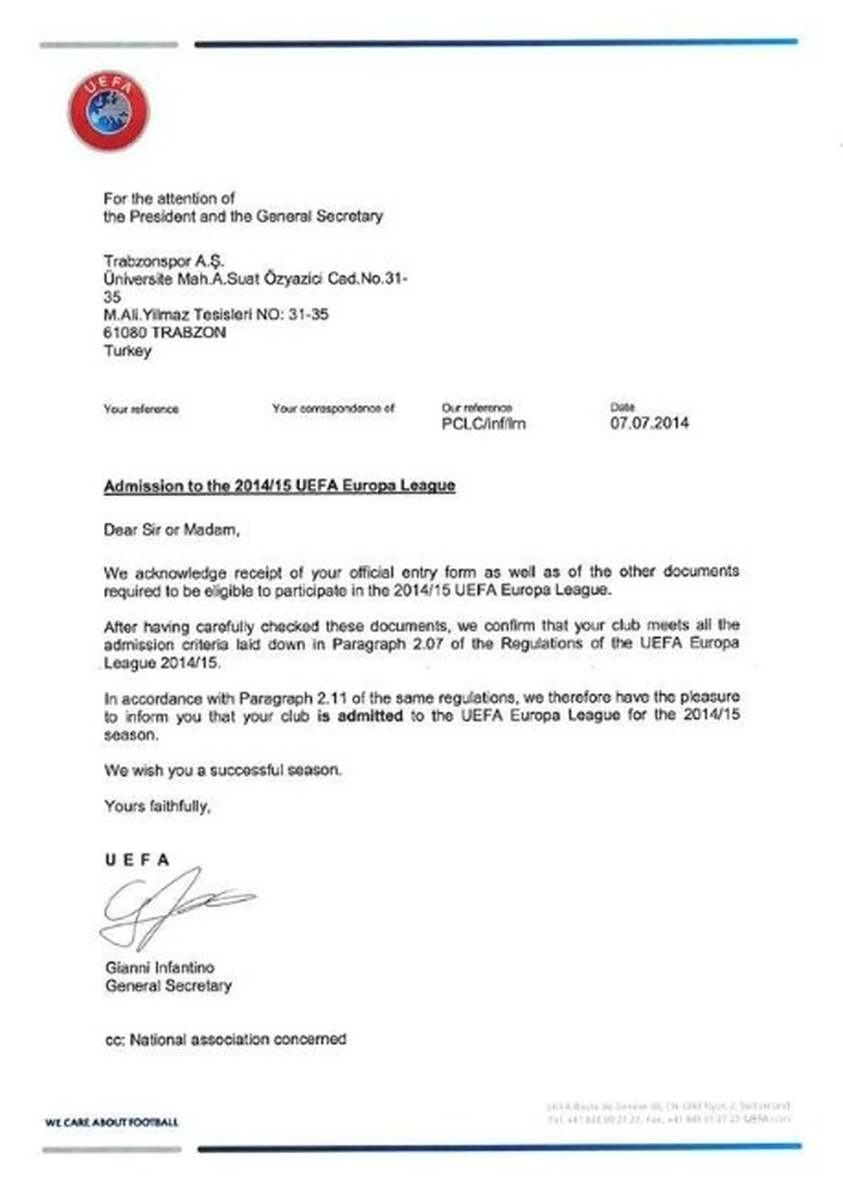 UEFA Trabzonspor\'u Avrupa Kupalarına Davet Etti