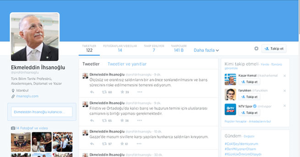 İhsanoğlu, Gazze\'ye Yapılan Saldırıları Twitter\'dan Kınadı