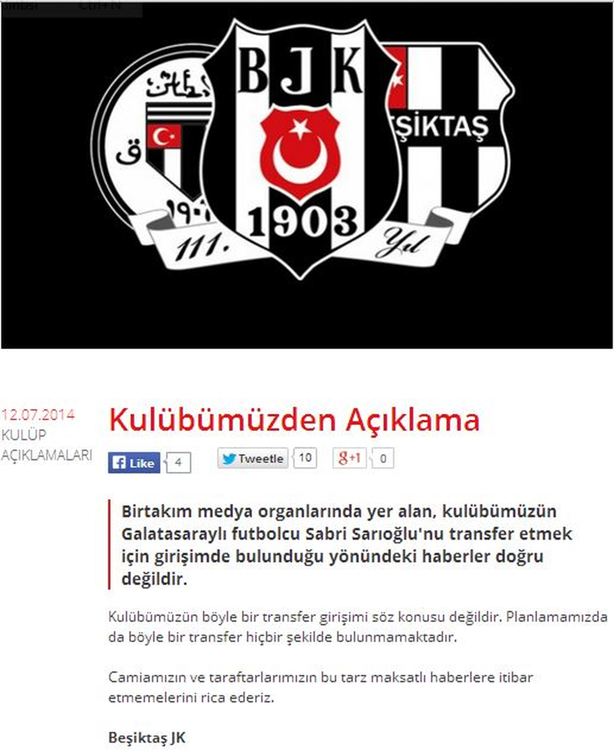 Beşiktaş\'tan Sabri Açıklaması