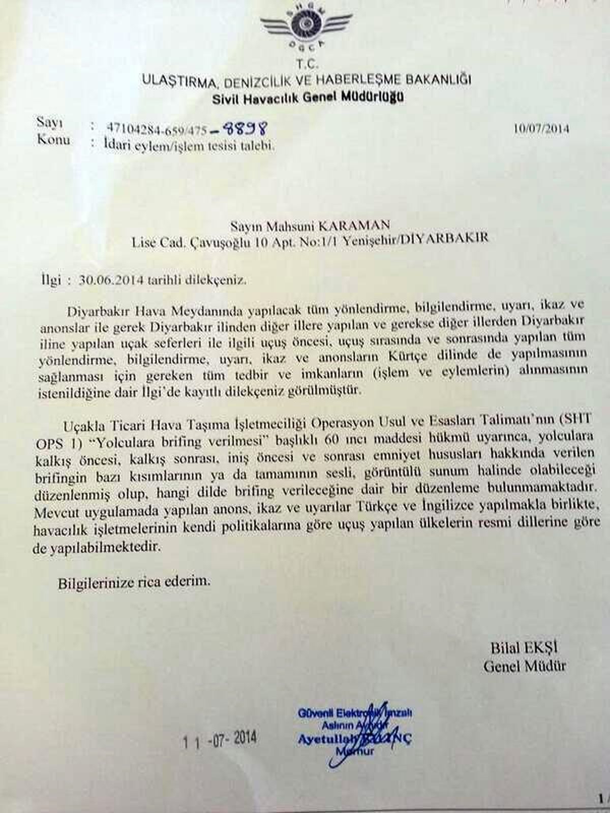 Uçakta Kürtçe Anons Talebine Yanıt: Hangi Dilde Brinfing Verileceğine Dair Düzenleme Yok