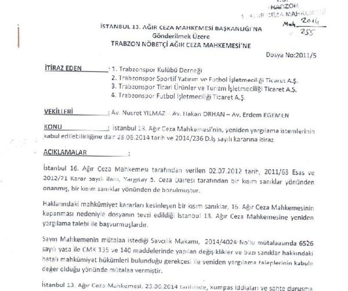 Trabzonspor Yeniden Yargılama Kararına Resmen İtiraz Etti