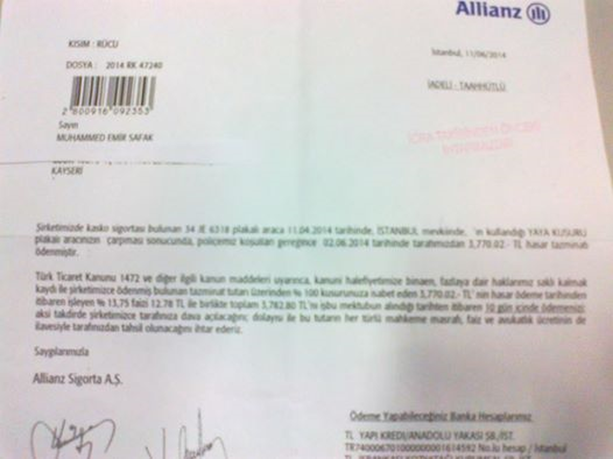2 yaşındaki çocuğa 3800 tl kasko borcu