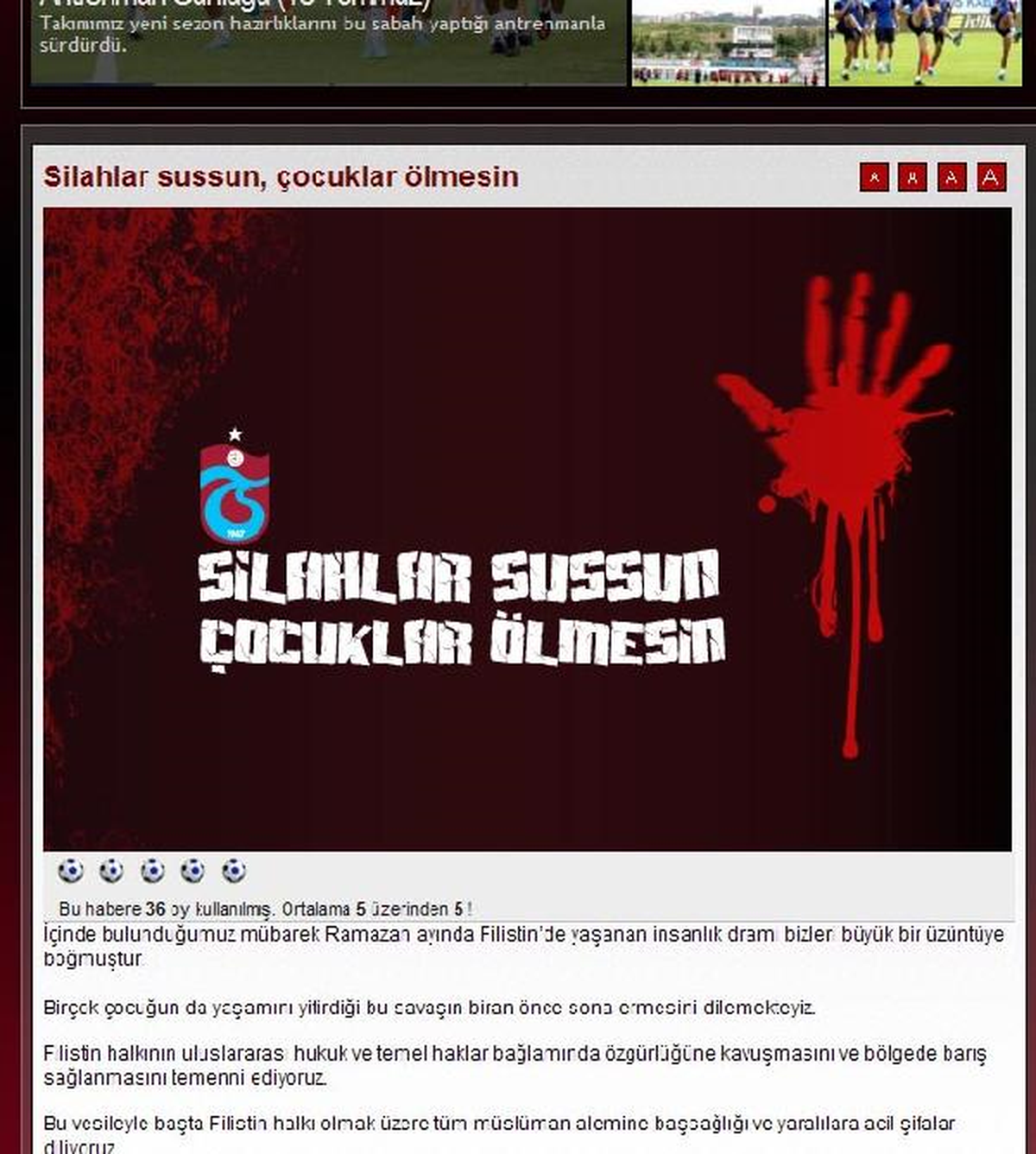 Trabzonspor\'dan Çağrı: Silahlar Sussun Çocuklar Ölmesin