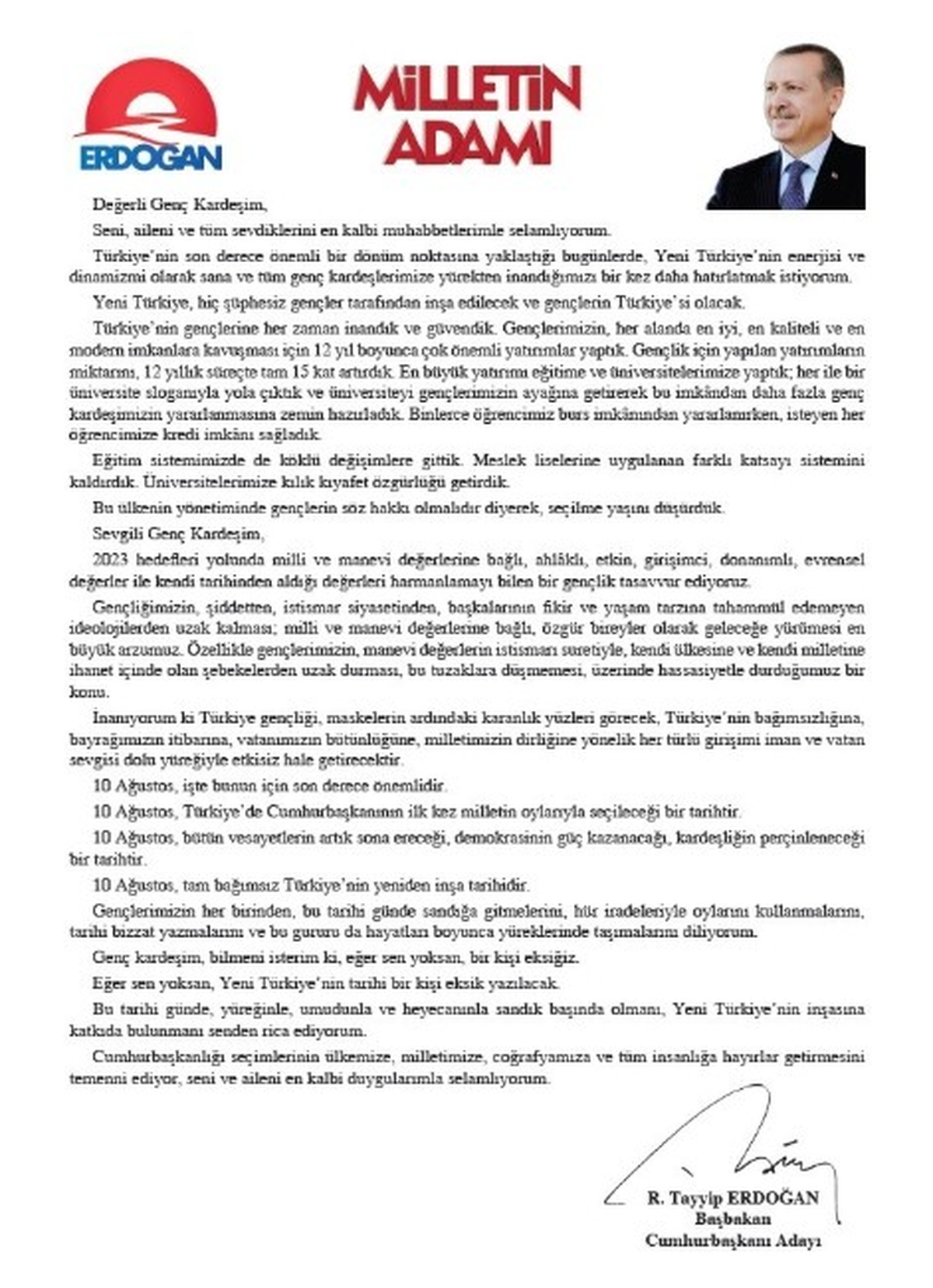 Başbakan Erdoğan\'dan Gençlere Mektup